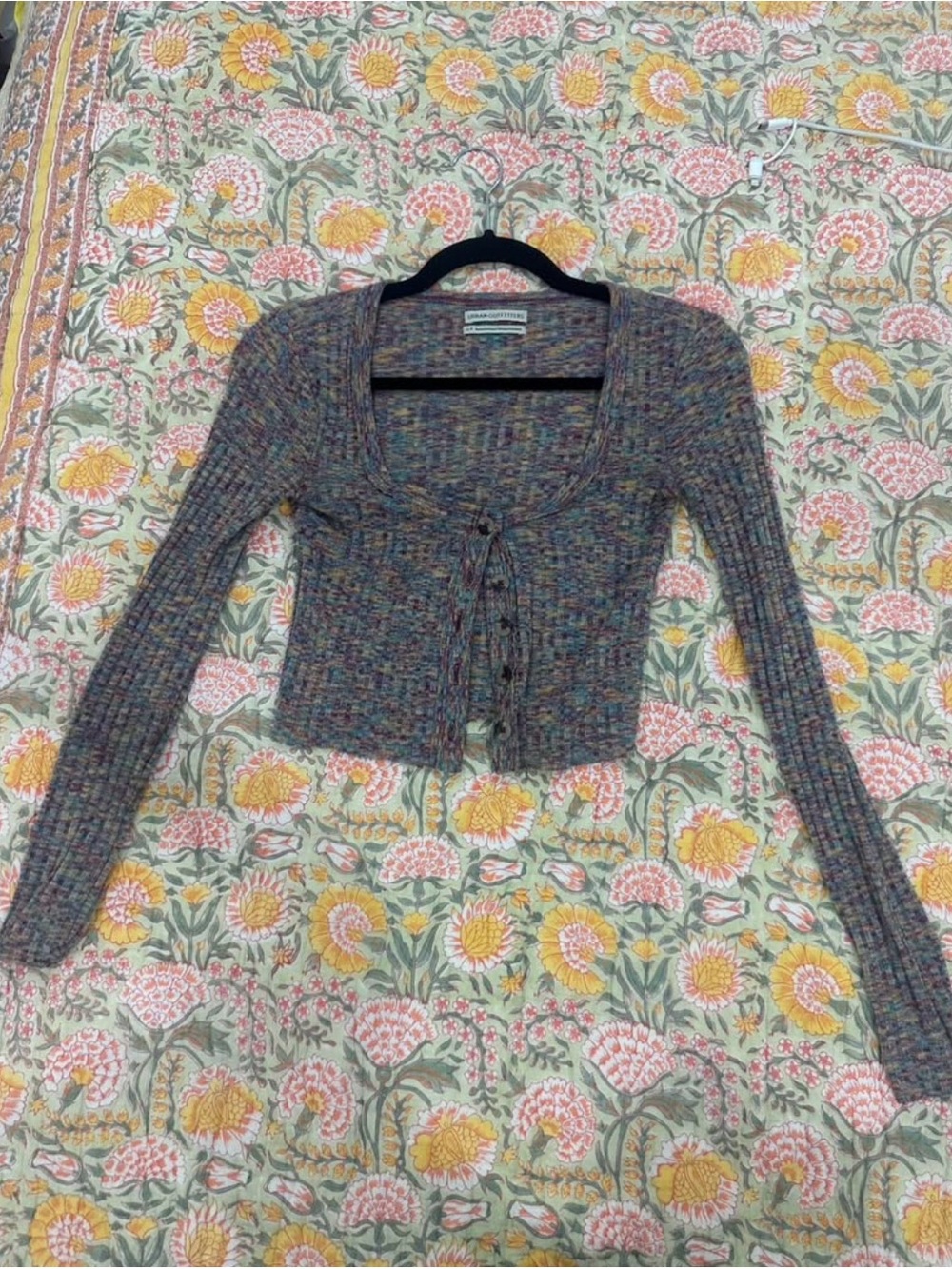 Urban Outfitters Multicolor Ribbed Tie-Front Cardigan — Heathered Blue & Pink